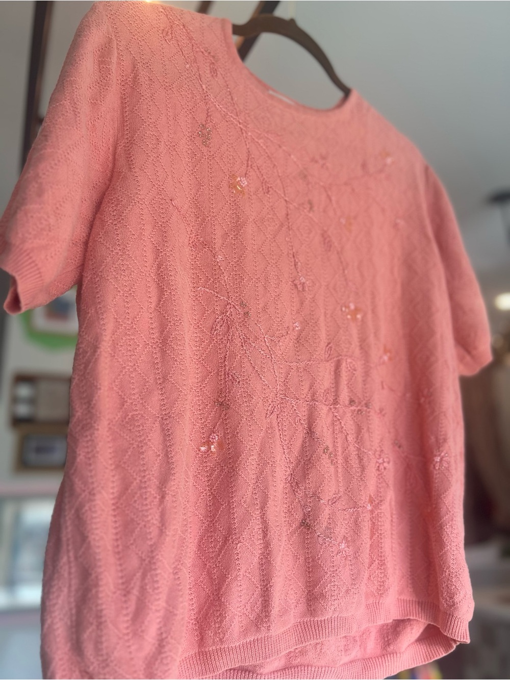 Koret Coral Knit Short-Sleeve Top with Beaded Accents